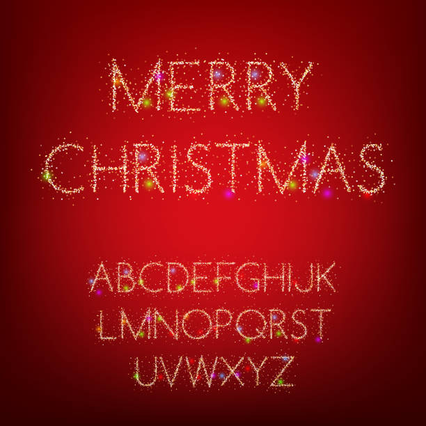 Christmas New Year design Shiny stylized alphabet on red background. Design element for Christmas or New Year greeting card, invitation or poster alphabet silhouettes stock illustrations