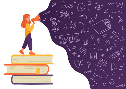 English. Girl on stack of books talking to megaphone with language doodle on white background. Female speaker. Teaching, translating, learning, education concept.