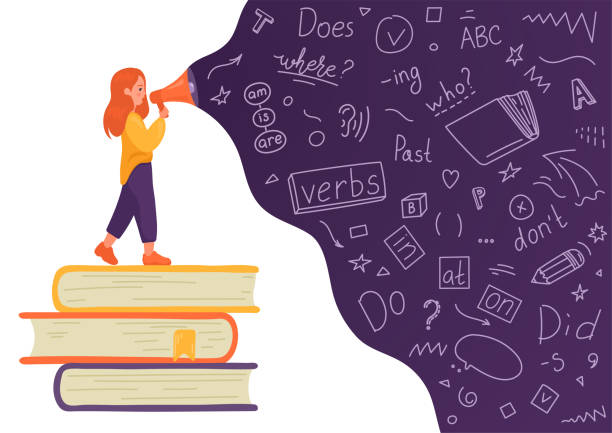 Girl on stack of books talking to megaphone with language doodle English. Girl on stack of books talking to megaphone with language doodle on white background. Female speaker. Teaching, translating, learning, education concept. public speaker illustrations stock illustrations