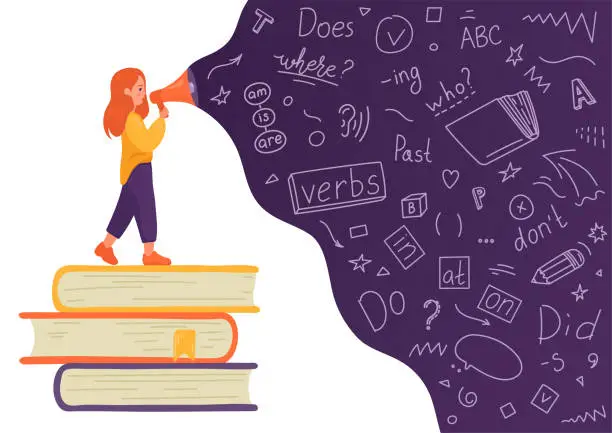 Vector illustration of Girl on stack of books talking to megaphone with language doodle