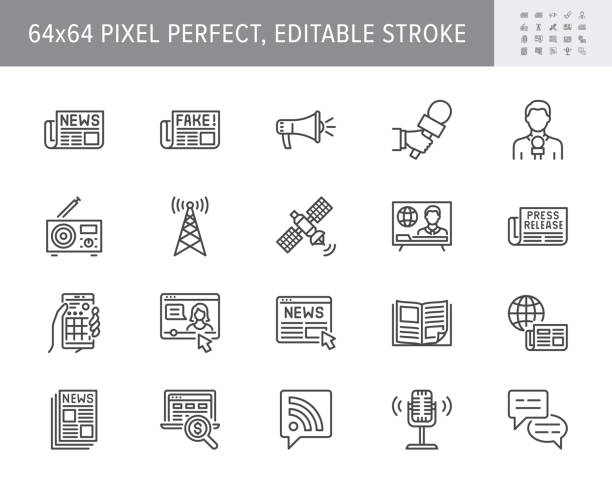 ilustrações de stock, clip art, desenhos animados e ícones de news line icons. vector illustration included icon as newspaper, mass media, journalist, fake, television broadcasting outline pictogram for online press. 64x64 pixel perfect editable stroke - broadcasting