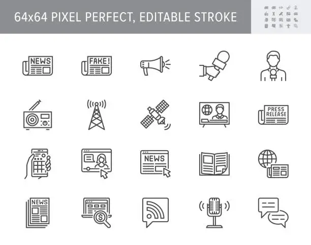 Vector illustration of News line icons. Vector illustration included icon as newspaper, mass media, journalist, fake, television broadcasting outline pictogram for online press. 64x64 Pixel Perfect Editable Stroke