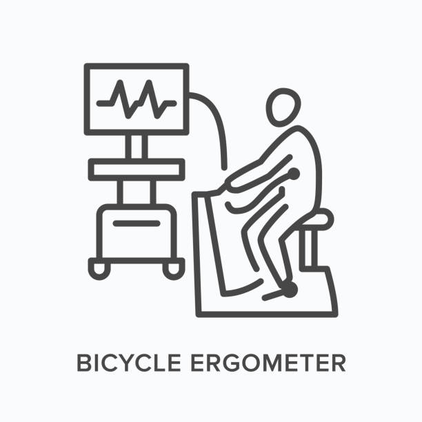 Bicycle ergometer flat line icon. Vector outline illustration of man doing stress test on cycle machine. Cardiovascular, cardiology thin linear medical pictogram Bicycle ergometer flat line icon. Vector outline illustration of man doing stress test on cycle machine. Cardiovascular, cardiology thin linear medical pictogram. stress test stock illustrations