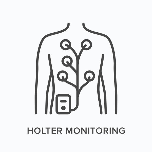 holter monitor flachelinie symbol. vektor-umriss-illustration des menschen mit elektroden am körper. kardiovaskuläre, kardiologische dünne lineare medizinische piktogramm - pulse trace arrhythmia electrode listening to heartbeat stock-grafiken, -clipart, -cartoons und -symbole