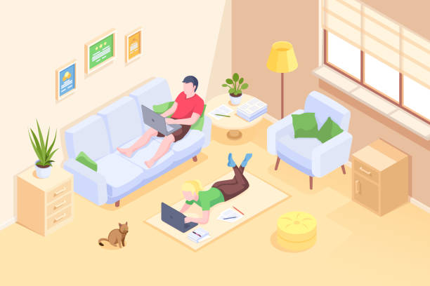 Couple working at home online freelance work, vector isometric illustration of man and woman with computer laptops. Couple freelance or home office job, internet blogger and designer, modern business Couple working at home online freelance work, vector isometric illustration of man and woman with computer laptops. Couple freelance or home office job, internet blogger and designer, modern business woman lying on the floor isolated stock illustrations