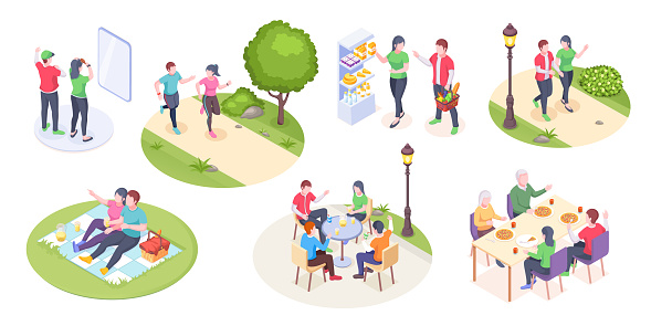 Couple daily life and outdoor leisure activity, vector isometric man and woman time together. Couple daily life dinner at cafe bar with family parents and friend, grocery shopping, picnic, run in park