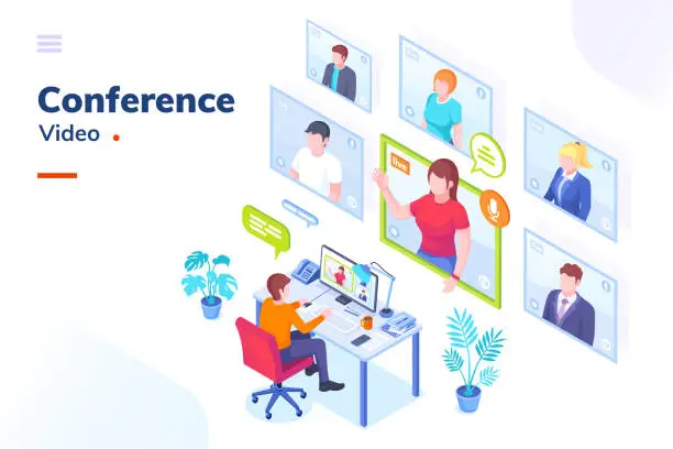 Vector illustration of Video conference internet meeting and live video chat isometric vector illustration. Business video call and online communication for remote education, webinar or office chat, video conference call