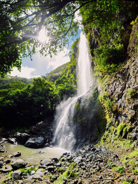 High cascade waterfall in the tropical jungle at Mauritius island