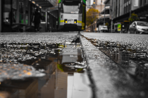 Inner Melbourne city tram on wet track