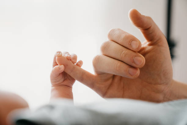 detail of a newborn baby's little hand holding the hand of his father - love fathers fathers day baby imagens e fotografias de stock