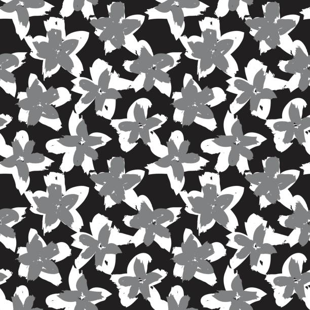 ilustrações, clipart, desenhos animados e ícones de pincel floral preto e branco pinceladas padrão sem costura fundo padrão - nature black and white leaf black background