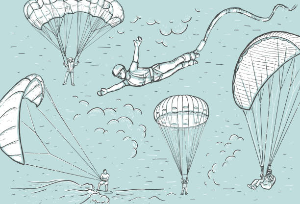 Extreme sports concept. Sketch retro vector illustration with hand drawn skydivers flying with a paraglider and parachute, bungee jumping and kite surfing. Cover, poster, banner and postcard