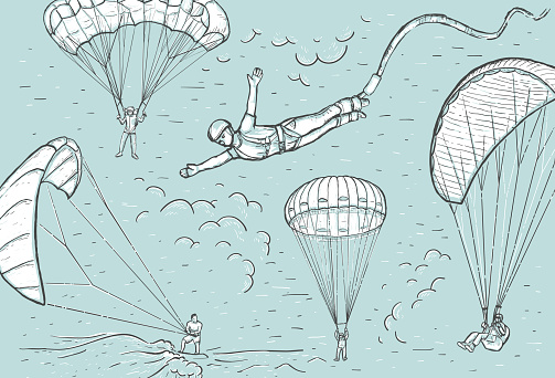 Extreme sports concept. Sketch retro vector illustration with hand drawn skydivers flying with a paraglider and parachute, bungee jumping and kite surfing. Cover, poster, banner and postcard