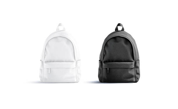Blank black and white closed backpack with zipper mockup, isolated Blank black and white closed backpack with zipper mockup set, isolated, 3d rendering. Empty carry schoolbag or handbag mock up, front view. Clear sack case for travel luggage mokcup template. backpack stock pictures, royalty-free photos & images