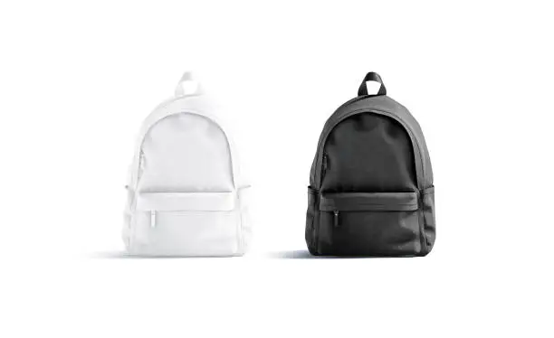 Blank black and white closed backpack with zipper mockup set, isolated, 3d rendering. Empty carry schoolbag or handbag mock up, front view. Clear sack case for travel luggage mokcup template.