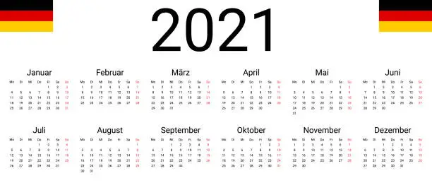 Vector illustration of Germany 2021 calendar. Vector design template start from monday. All months for wall calendar