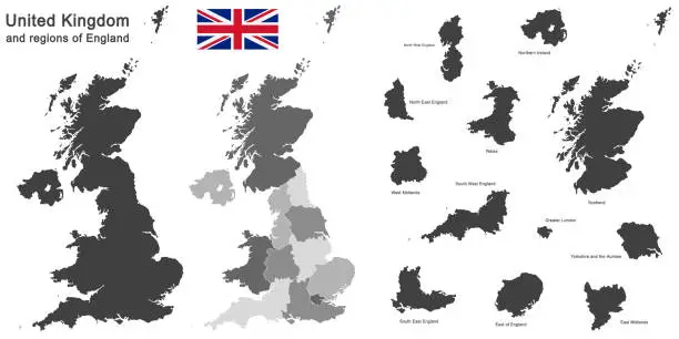 Vector illustration of United Kingdom and regions of England