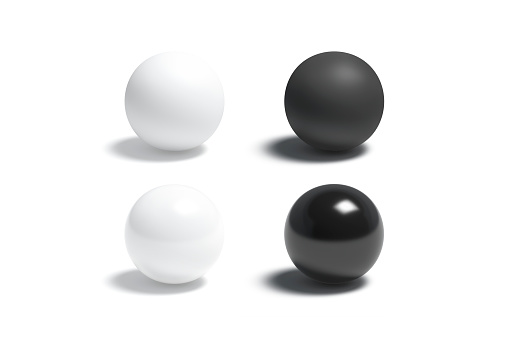 Blank black and white gloss and matte ball mockup set, 3d rendering. Empty plastic or rubber orb figure mock up, isolated. Clear satined and matt smooth material mokcup template.