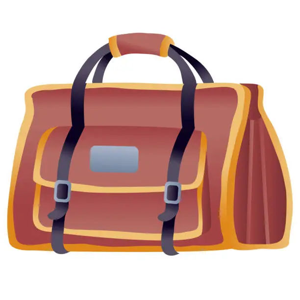 Vector illustration of big brown travel bag as hand luggage, isolated object on a white background,