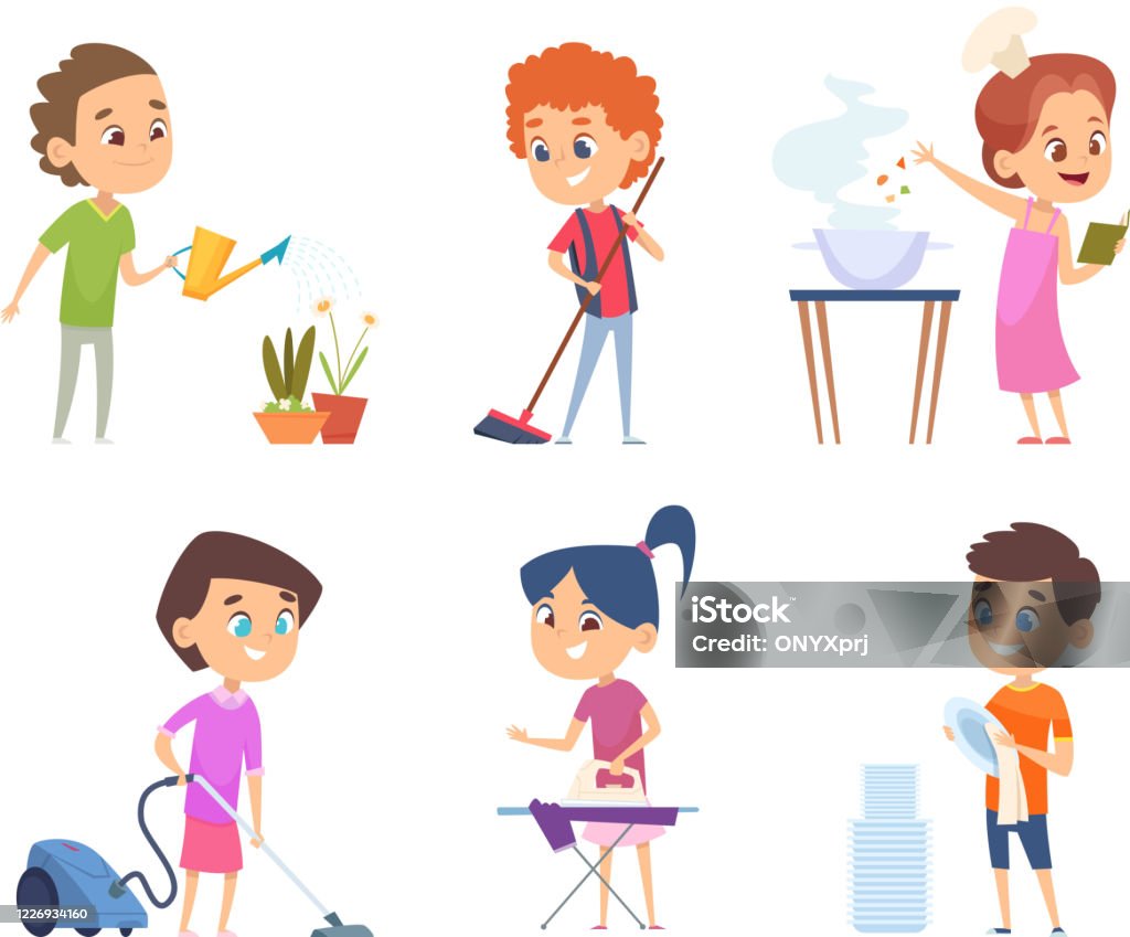 Kids Housework Childrens Helping To Their Parents Cleaning Windows  Showering Collect Toys Vector Cartoon Characters Stock Illustration -  Download Image Now - iStock