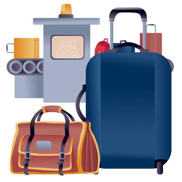 багаж из чемодана и большой сумки для ручной клади стоит перед лентой, на которой проверяются чемоданы и сумки, - airport isometric airport security x ray stock illustrations