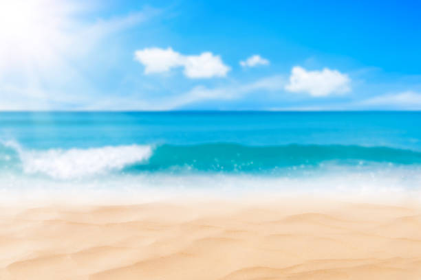 istock Copy space blur tropical beach with bokeh sun light wave on blue sky and white cloud abstract background. 1226938571