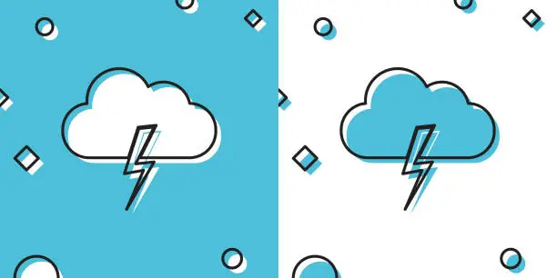 Vector illustration of Black Storm icon isolated on blue and white background. Cloud and lightning sign. Weather icon of storm. Random dynamic shapes. Vector Illustration