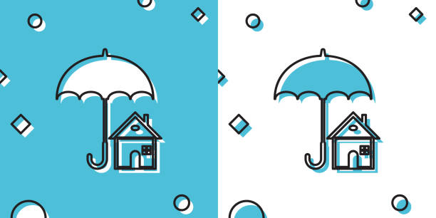 czarny dom z ikoną parasola izolowane na niebieskim i białym tle. symbol ubezpieczenia nieruchomości. ochrona, bezpieczeństwo, bezpieczeństwo, ochrona, koncepcja obrony. losowe kształty dynamiczne. ilustracja wektorowa - insurance rain insurance agent umbrella stock illustrations