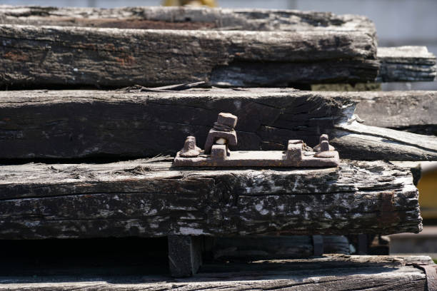 istock Old exchanged wooden railway sleepers 1226940115