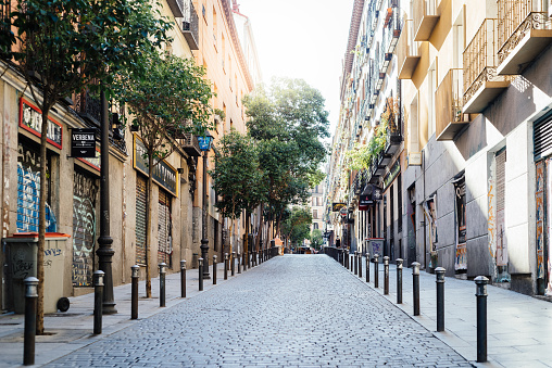 Madrid, Spain - May, 24, 2020: Empty street in Malasana during lockdown in Covid-19 pandemic , Malasana is one of the trendiest quarters of Europe