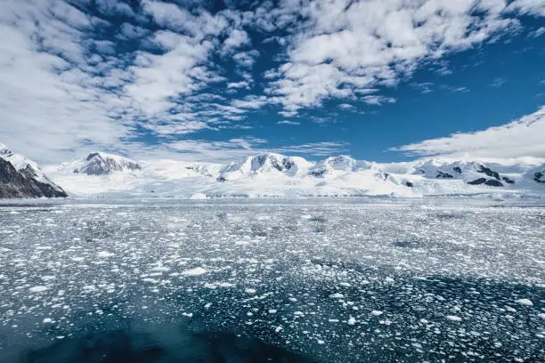 Antarctica Peninsula Glaciers and Mountain Range under blue skyscape in summer. Small Icebergs and Icesheet floating on the calm Antarctic Ocean. Antarctica Peninsula, Antarctica