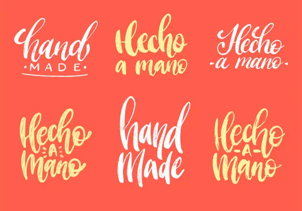 Vector illustration of Set of Hecho A Mano calligraphy, spanish translation of Handmade phrase. Hand lettering in vector.