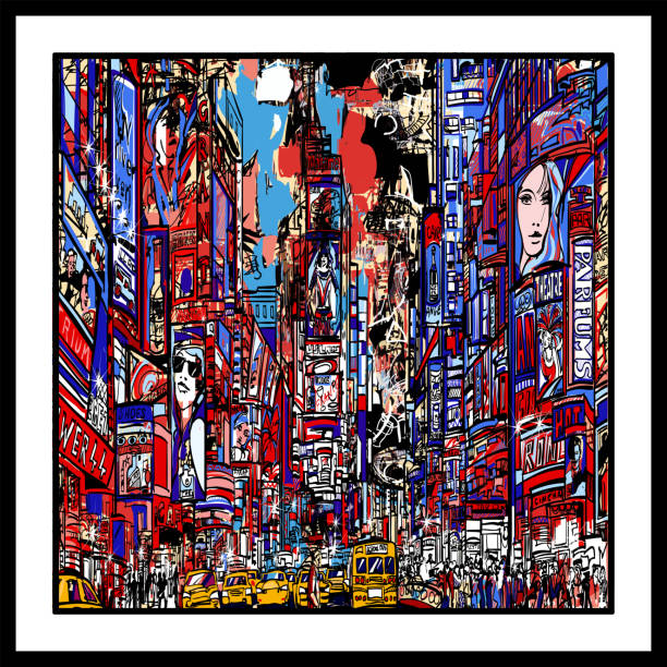 ilustraciones, imágenes clip art, dibujos animados e iconos de stock de representación colorida de times square en la ciudad de nueva york - times square