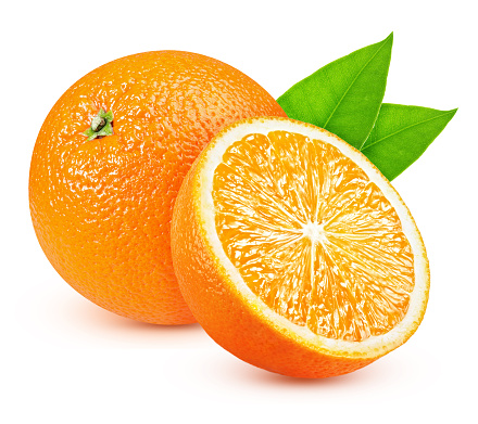 whole oranges, oranges cut in half and cut into small pieces with green leaves isolated on a white background