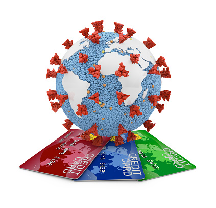 Coronavirus covid-19 with continents of the planet earth and bank credit cards. 3d render.
