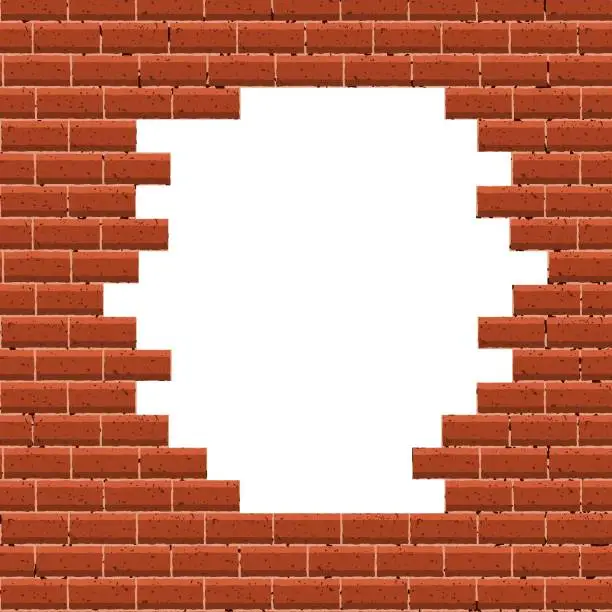 Vector illustration of White hole in broken red brick wall. Textured background. Vector illustration.