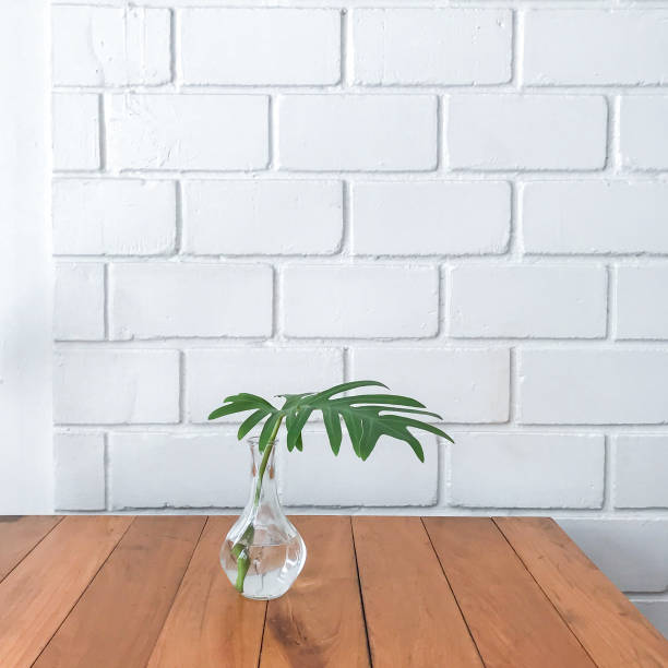 istock Green leaf  with clean water in clear glass vase. 1226943406