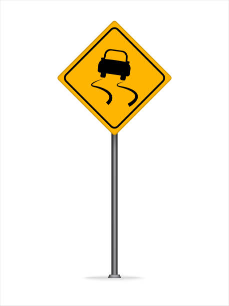 istock Slippery road warning sign with skidding car 1226944548