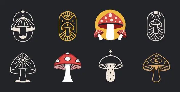 Vector illustration of Mushrooms set logo farm organic design. Fungi medicine agriculture symbol design on a black background. Vector illustration.