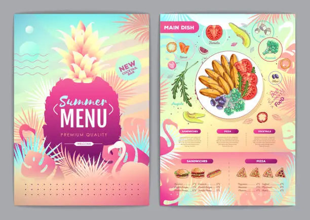 Vector illustration of Restaurant summer tropical gradient menu design with fluorescent tropic leaves and flamingo. Fast food menu