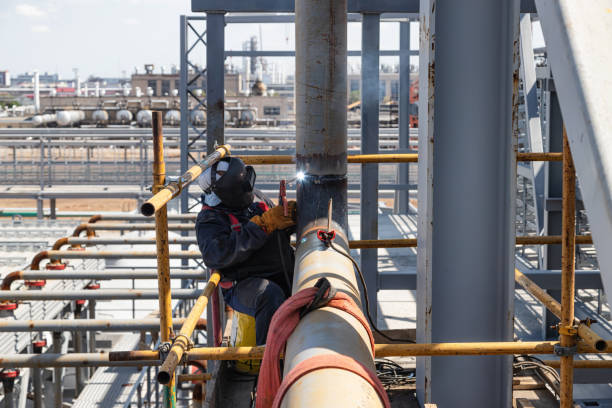 istock Manual arc welding of pipelines on an open site 1226946755