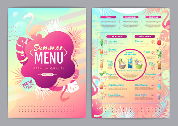 Restaurant summer tropical gradient cocktail menu design with fluorescent tropic leaves and flamingo. Restaurant summer tropical gradient cocktail menu design with fluorescent tropic leaves and flamingo. blue hawaiian stock illustrations