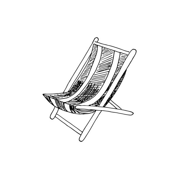Folding deck lounge chair for summer rest, country house, garden sitting and suntanning. Vector hand drawn illustration in sketch doodle style. Concept of comfort, convinient rest, furniture