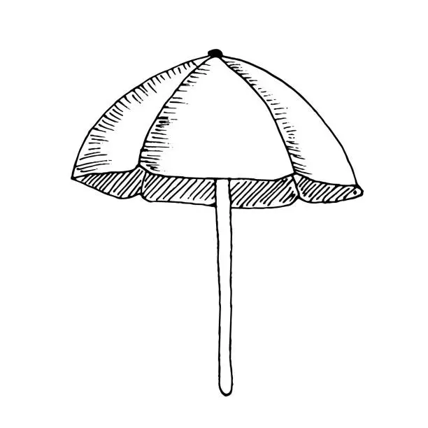Vector illustration of Big sun and cocktail bar umbrella parasol protecting from sun burning. Vector hand drawn sketch in realistic doodle style. Concept of sunbath, beach, suntaning, tropic, rain, shelter