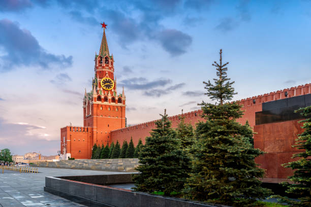 Spasskaya tower of the Moscow Kremlin in the evening stock photo