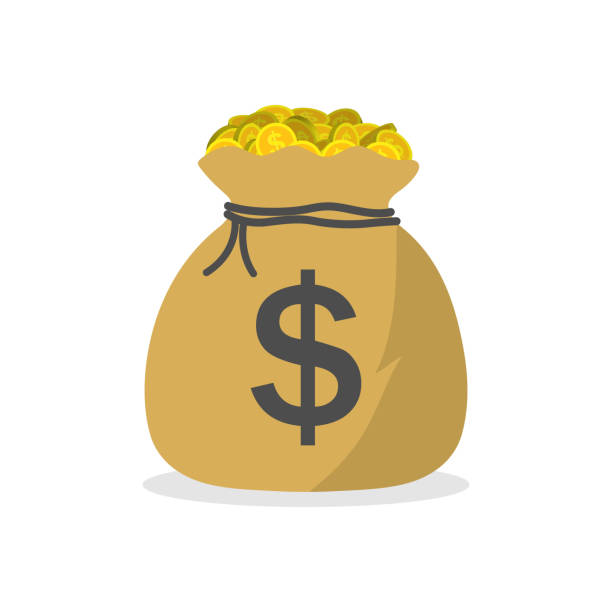 ilustrações de stock, clip art, desenhos animados e ícones de sack with money. bag with gold coins of dollars. icon of moneybag. symbol of cash for pay. million of euro - jackpot. bank is saving treasure. concept of deposit, savings and prize. big debt. vector - dollar sign money bag bag sack