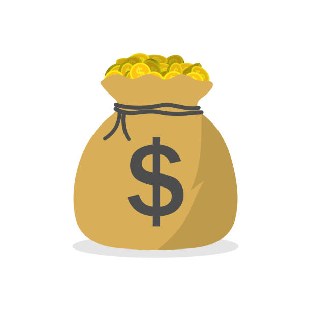 Sack with money. Bag with gold coins of dollars. Icon of moneybag. Symbol of cash for pay. Million of euro - jackpot. Bank is saving treasure. Concept of deposit, savings and prize. Big debt. Vector Sack with money. Bag with gold coins of dollars. Icon of moneybag. Symbol of cash for pay. Million of euro - jackpot. Bank is saving treasure. Concept of deposit, savings and prize. Big debt. Vector. tax clipart stock illustrations