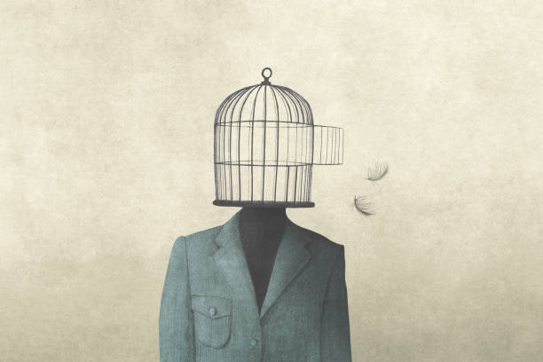 男子與開放的鳥籠在他的頭上,超現實的自由概念 - 籠子 個照片及圖片檔