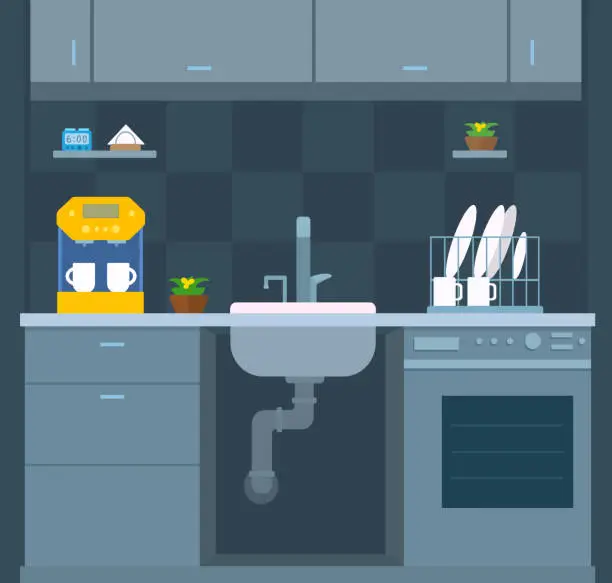 Vector illustration of Kitchen interior design. Opened visible sink, sewer pipe. Front view. Wall cabinets, dishwasher, coffee machine, dish dryer, flowerpot. Plumbing maintenance.