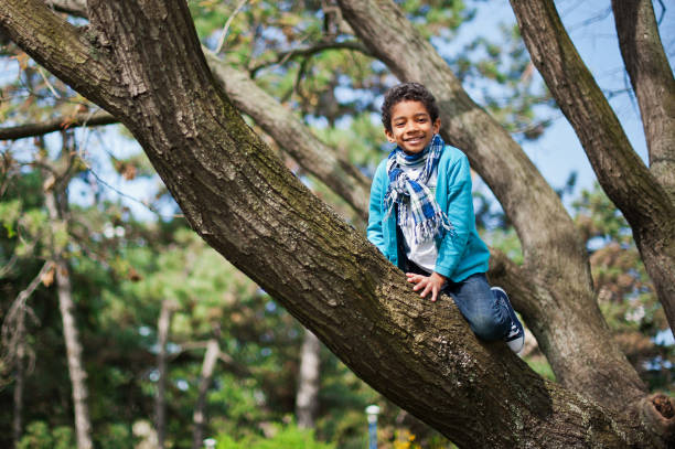 istock Little cute real black boy climbing on tree. 1226961872